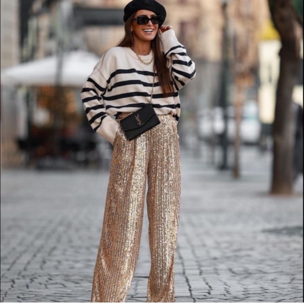 Zara Golden Sequin Wide Leg Pants Size Small